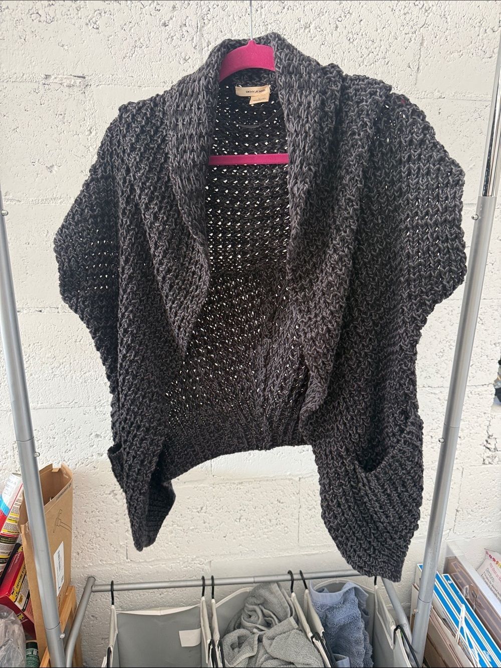 DKNY Cozy Open-Front Chunky Cardigan Sweater - Charcoal Gray - Size Medium